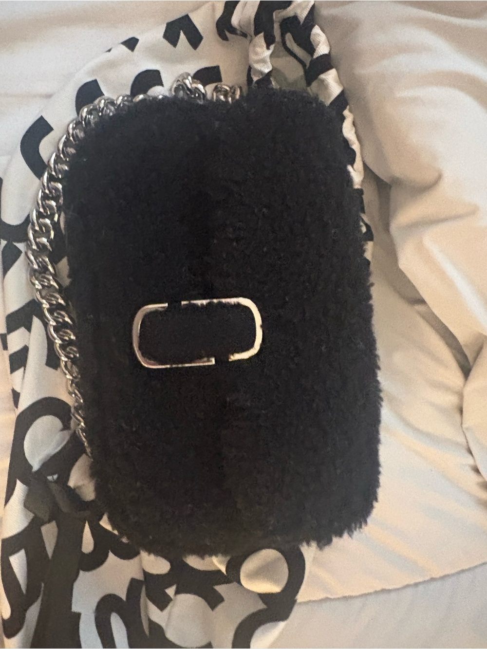 Marc Jacobs Black Shearling Shoulder Bag with Silver Chain
